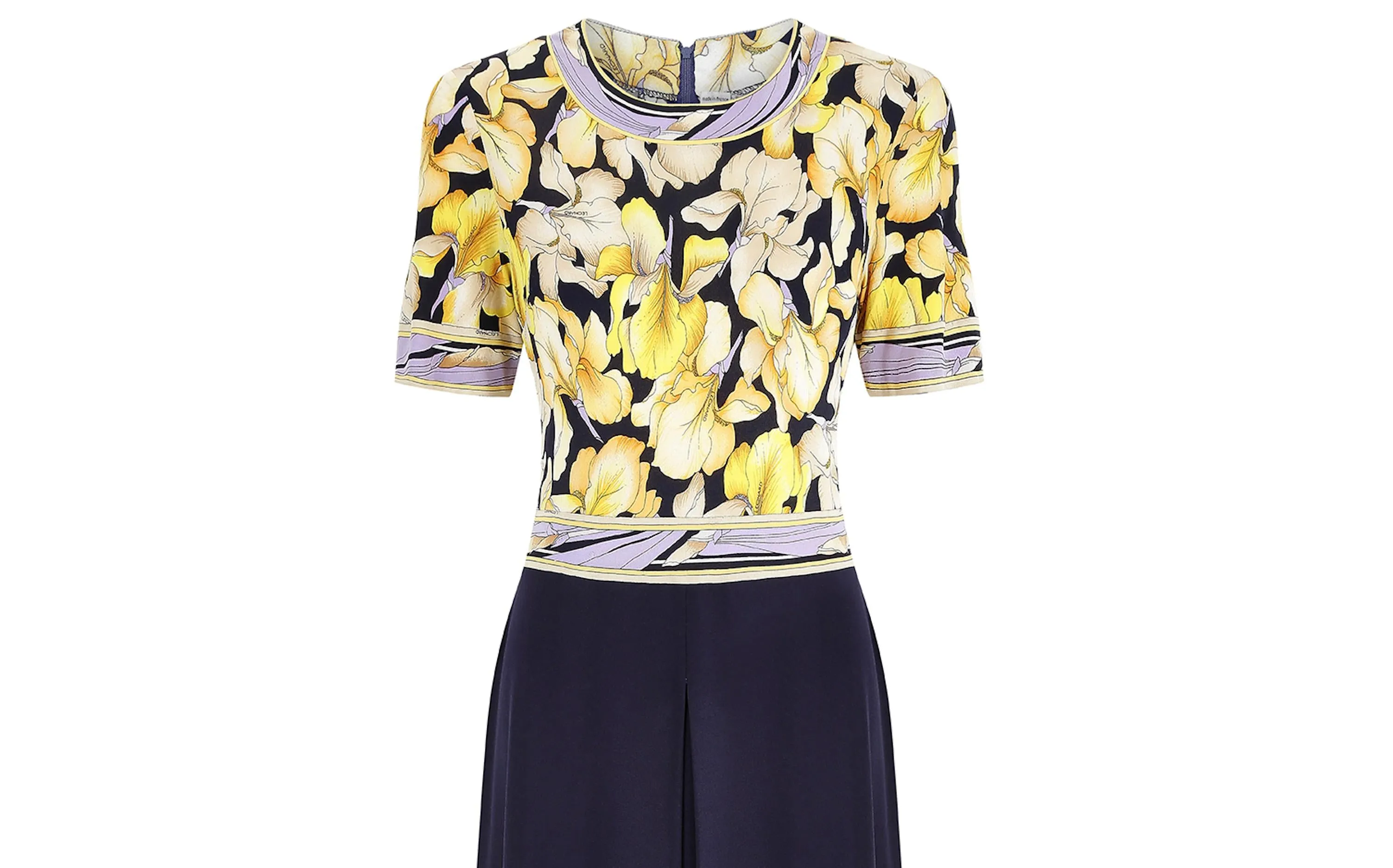 1970s Leonard Floral and Navy Silk Jersey Dress