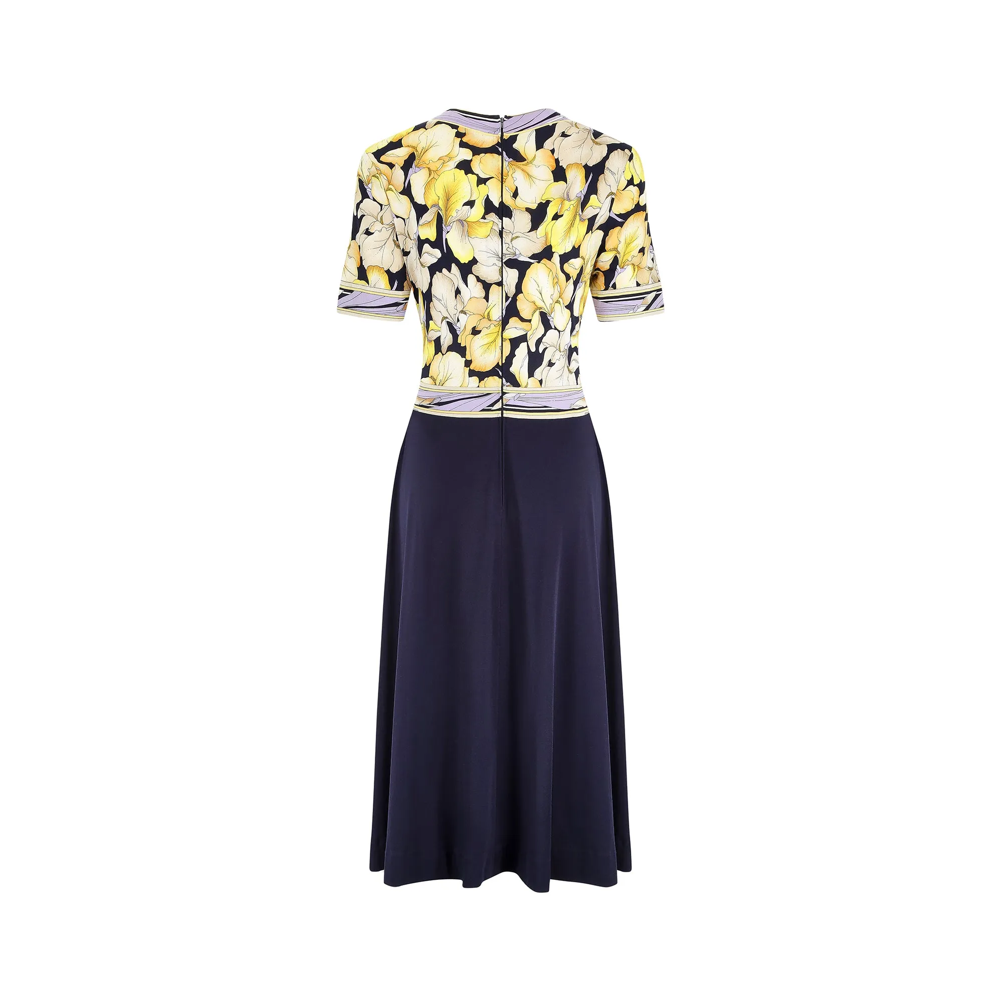 1970s Leonard Floral and Navy Silk Jersey Dress