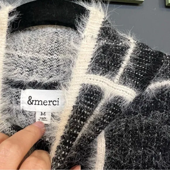 &merci Box Plush Fuzzy Black   Cream Women’s Turtleneck Sweater Medium