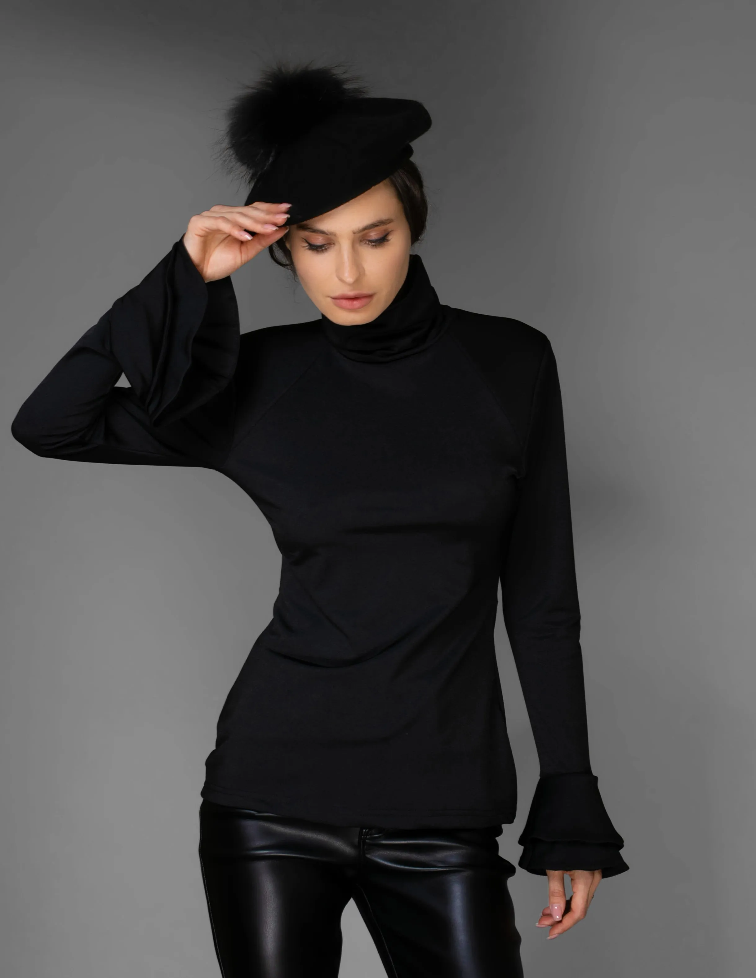 AW Ruffle Top - Solid Black Long-Sleeve