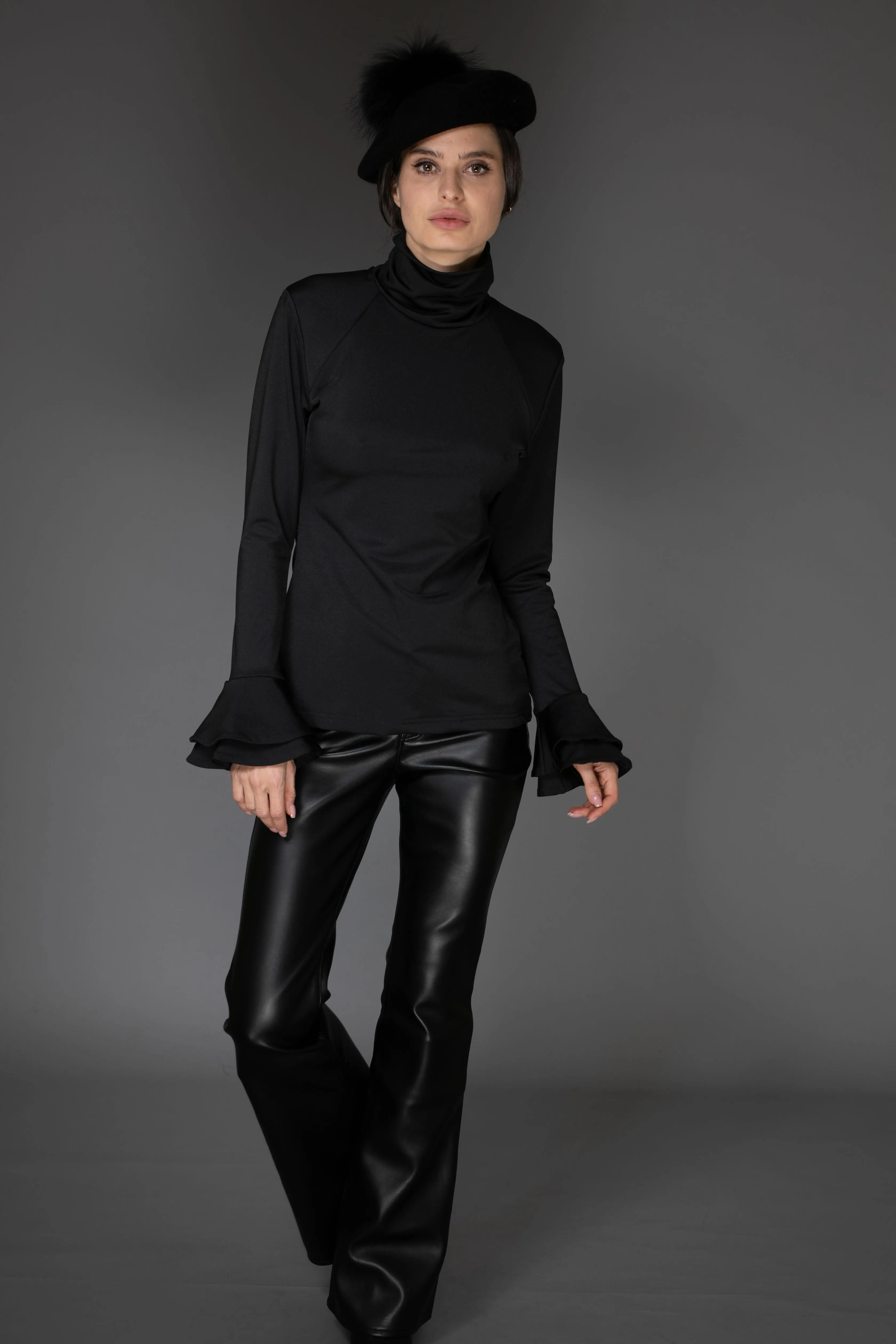 AW Ruffle Top - Solid Black Long-Sleeve