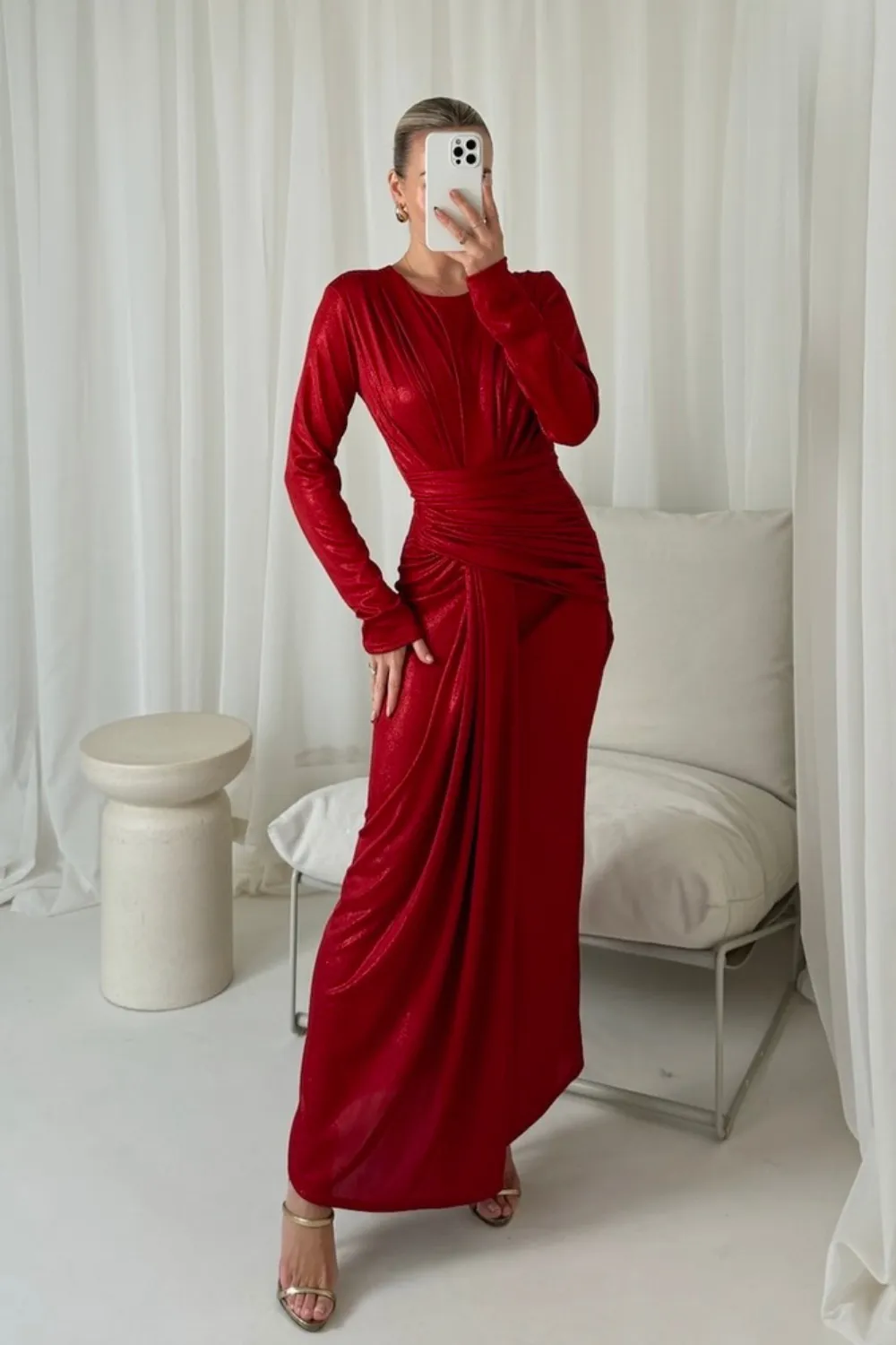 Beth red metallic ruched maxi dress