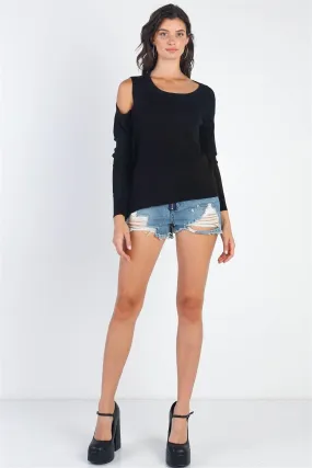 Black Knit Cold Shoulder Long Sleeve Top /3-1