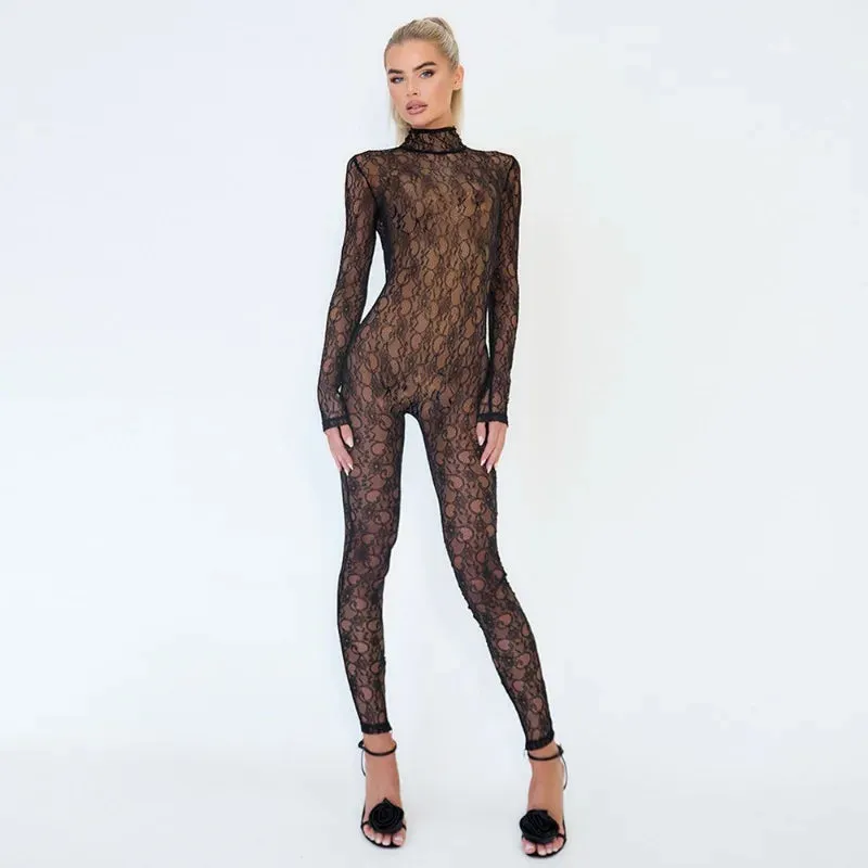 Black Lace Turtleneck Backless Long Sleeve Jumpsuit