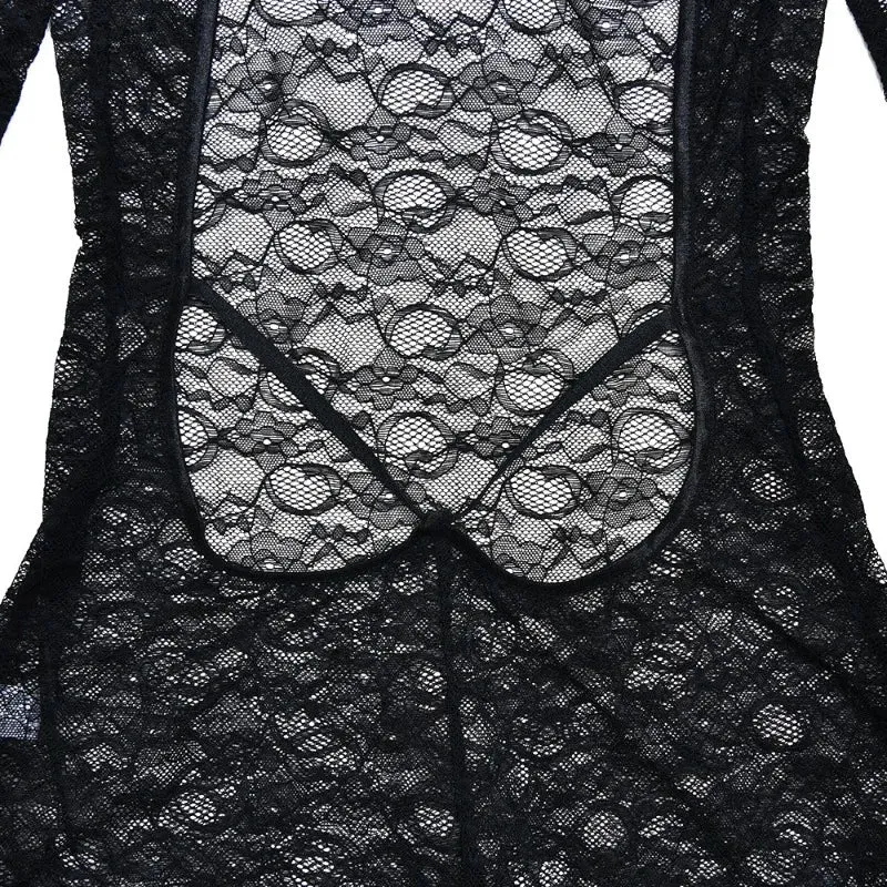 Black Lace Turtleneck Backless Long Sleeve Jumpsuit