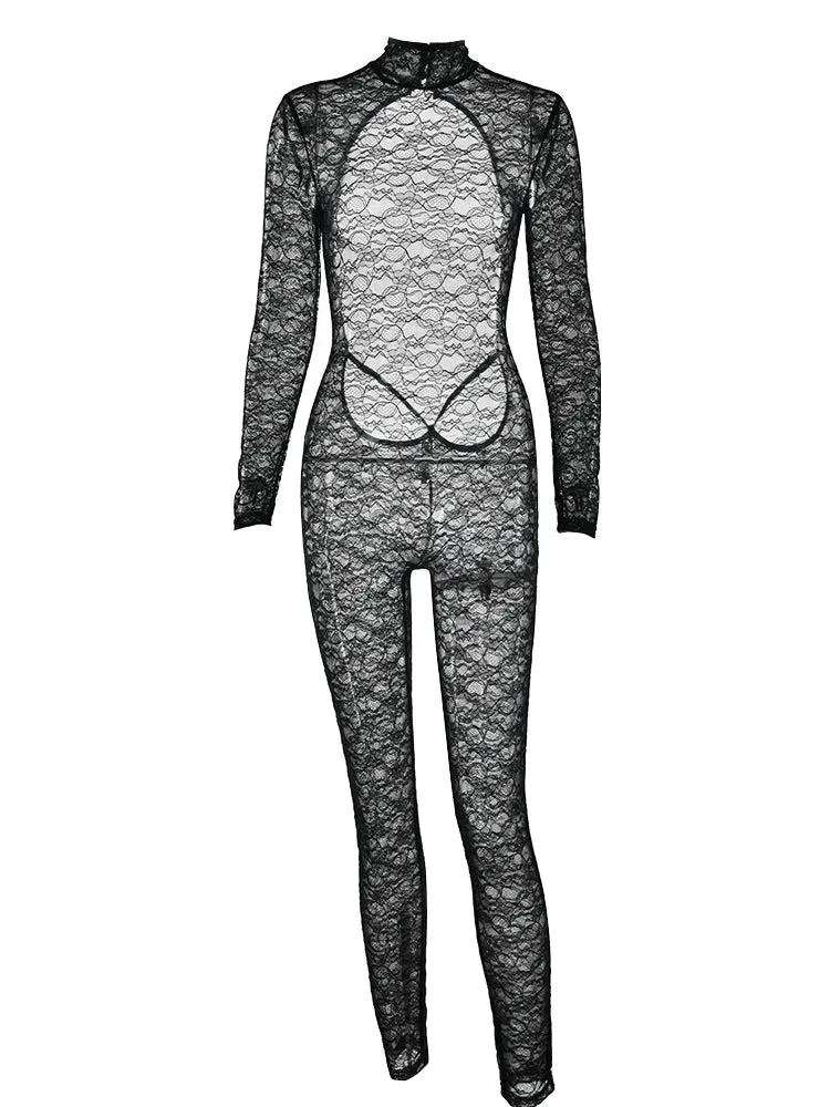 Black Lace Turtleneck Backless Long Sleeve Jumpsuit