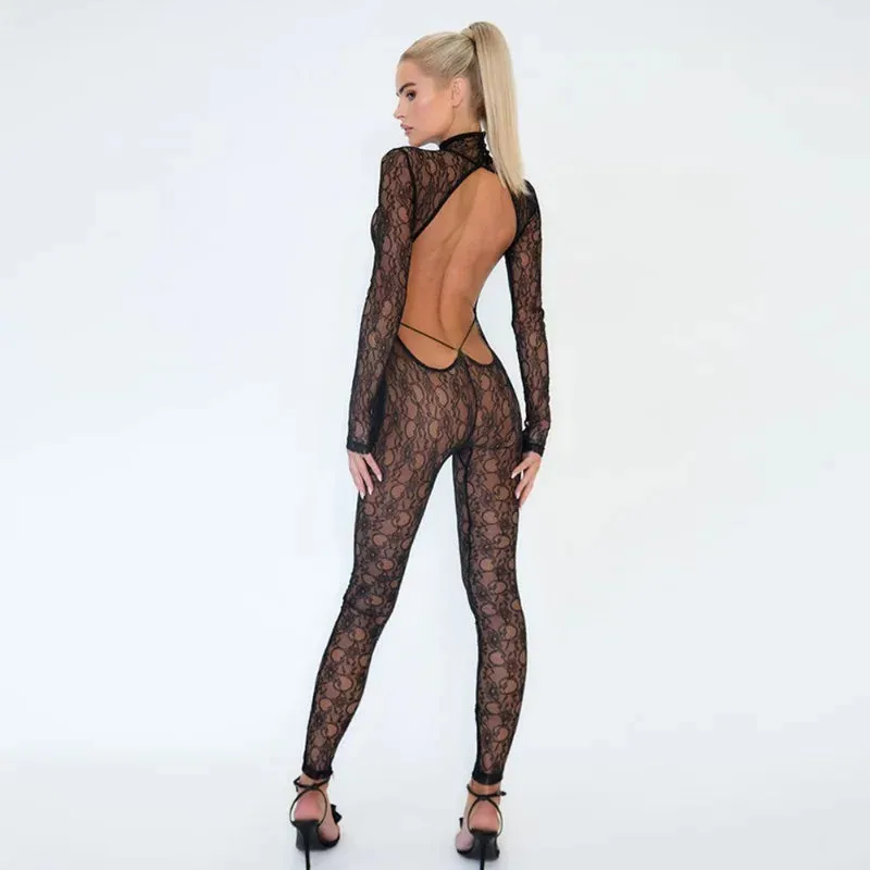Black Lace Turtleneck Backless Long Sleeve Jumpsuit