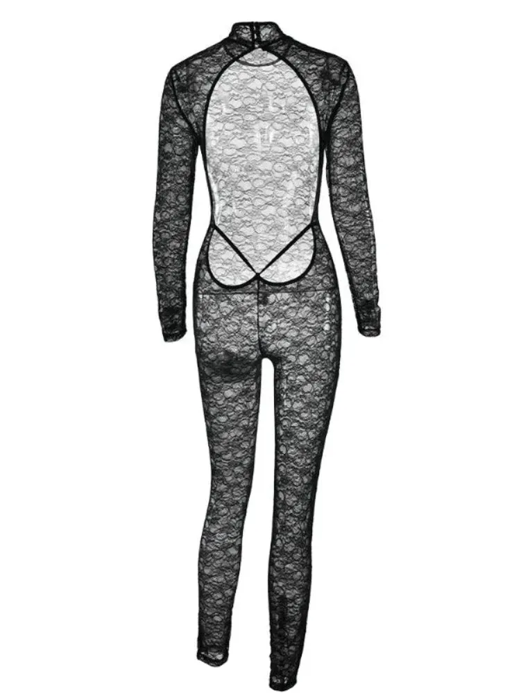 Black Lace Turtleneck Backless Long Sleeve Jumpsuit
