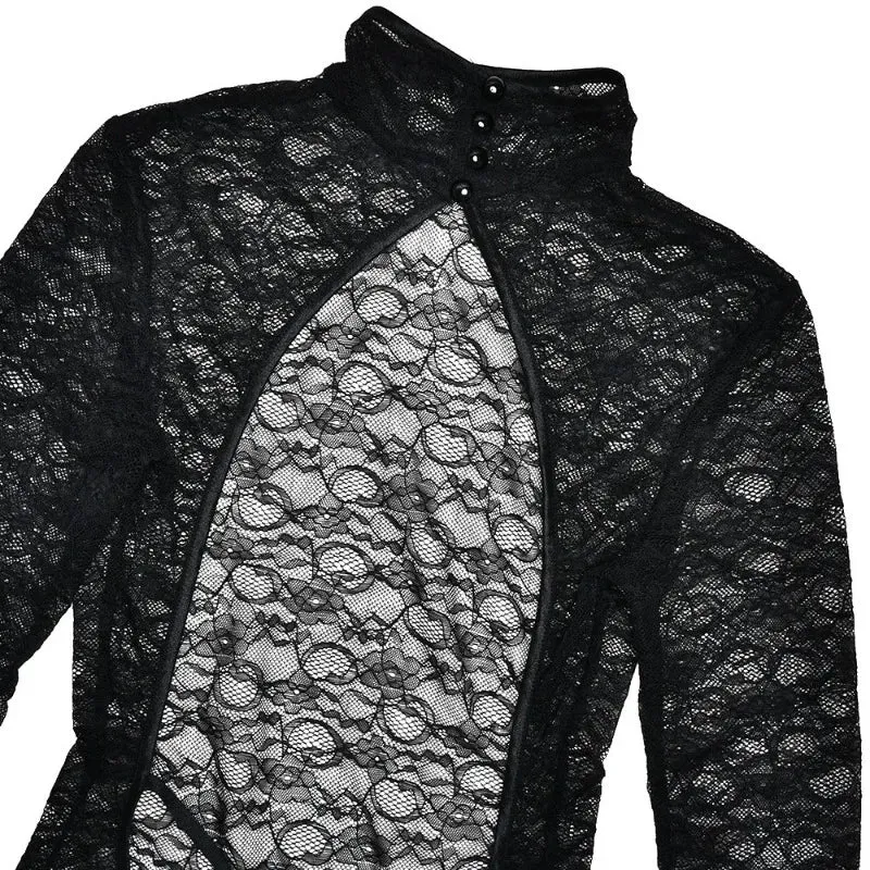 Black Lace Turtleneck Backless Long Sleeve Jumpsuit