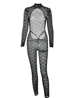Black Lace Turtleneck Backless Long Sleeve Jumpsuit