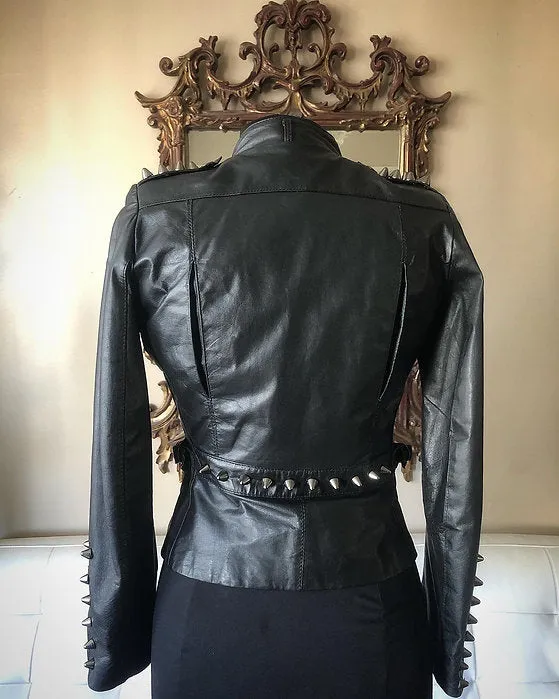 Black Spiked Black Womens Leather Moto Jacket, Upcycled, Size 4-6P