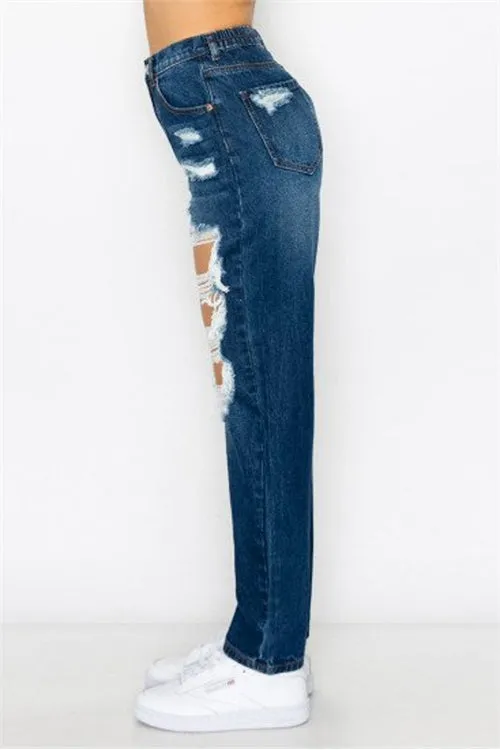 BLOWN-OUT RIGID ELASTIC WAISTBAND MOM JEAN-4-4-4