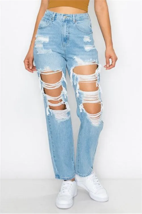 BLOWN-OUT RIGID ELASTIC WAISTBAND MOM JEAN-4-4-4