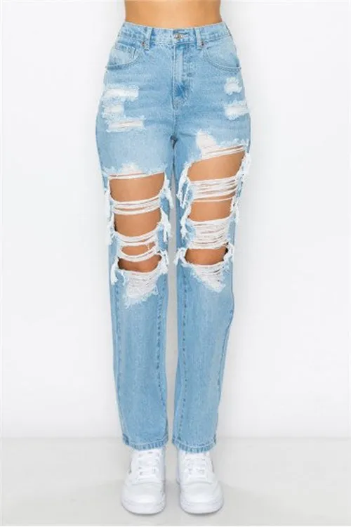 BLOWN-OUT RIGID ELASTIC WAISTBAND MOM JEAN-4-4-4