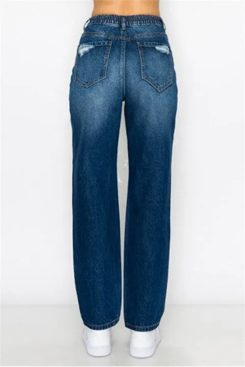 BLOWN-OUT RIGID ELASTIC WAISTBAND MOM JEAN-4-4-4
