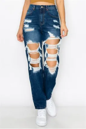BLOWN-OUT RIGID ELASTIC WAISTBAND MOM JEAN-4-4-4