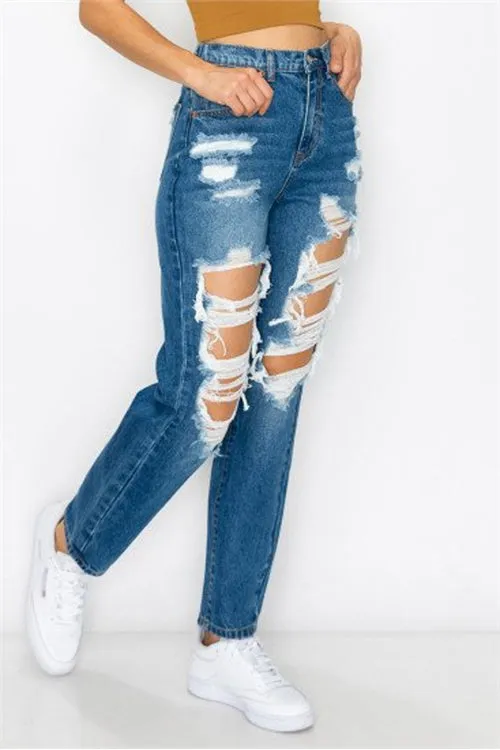 BLOWN-OUT RIGID ELASTIC WAISTBAND MOM JEAN-4-4-4
