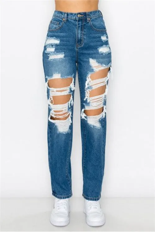 BLOWN-OUT RIGID ELASTIC WAISTBAND MOM JEAN-4-4-4