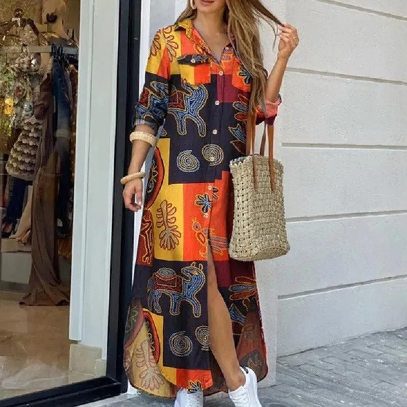 Boho Printed Maxi Dress: Stylish Women's Fashion for Spring & Autumn