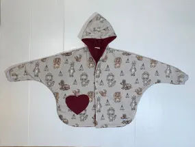 Coat - Poncho Coat - Burgundy Lined, African Animal Print, Hooded, Burgundy Heart Shape Pocket, Grey Cuffs