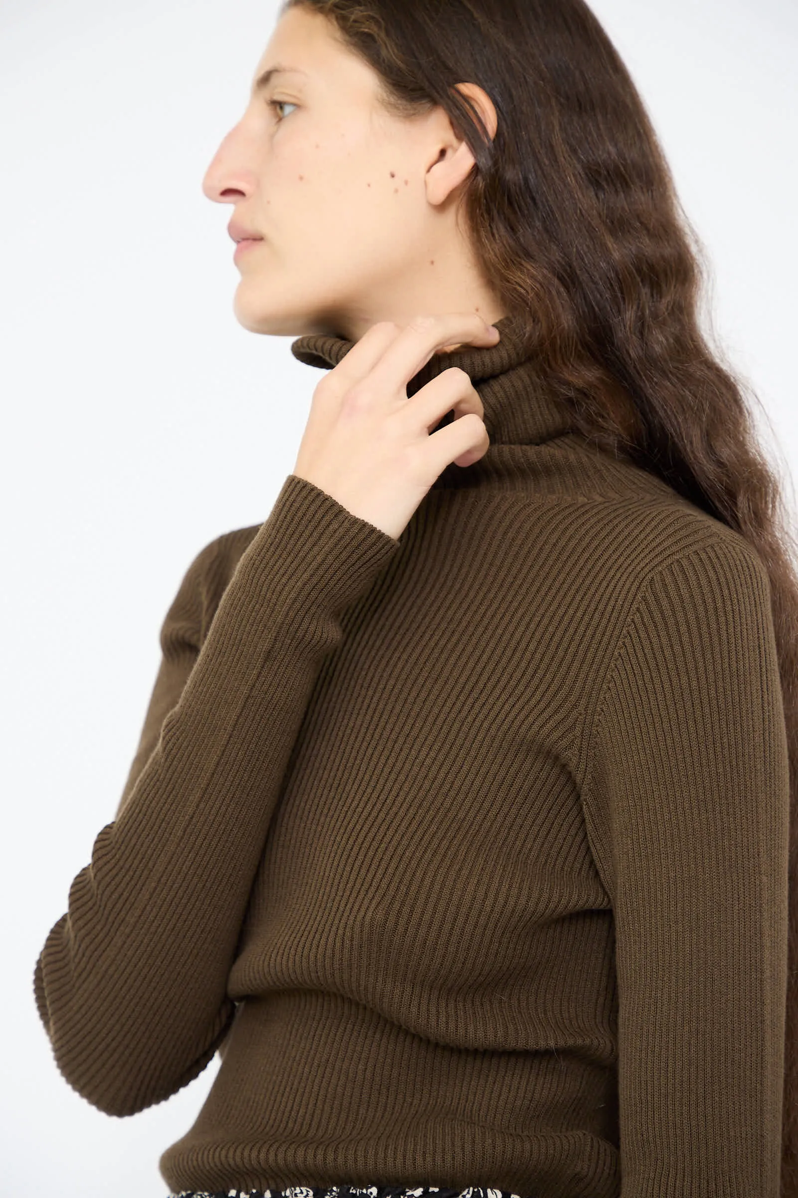 Cotton Rib Turtleneck in Brown