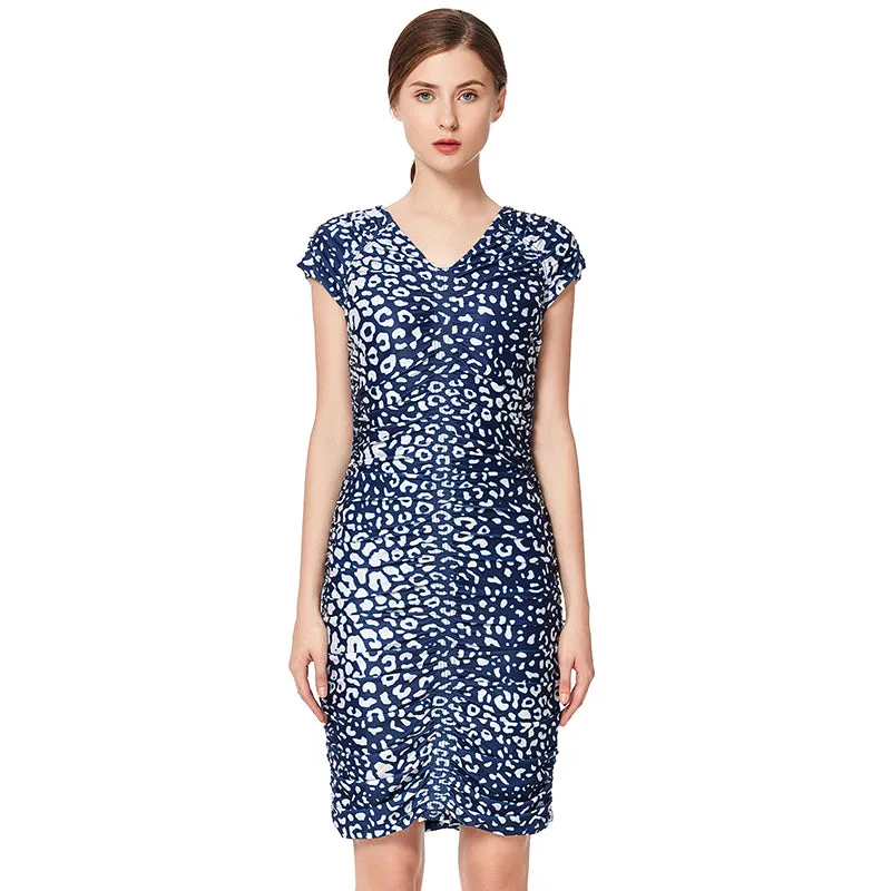 D019 Women animal print V neck cap sleeves fitted mini day dress