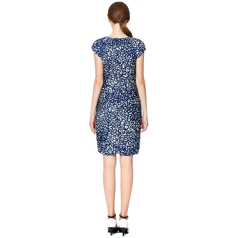 D019 Women animal print V neck cap sleeves fitted mini day dress