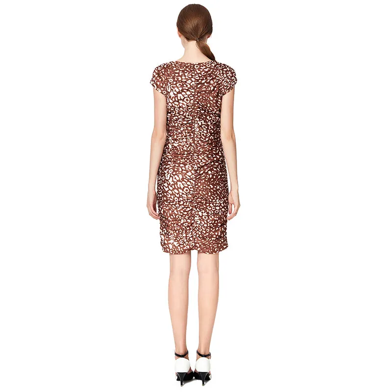 D019 Women animal print V neck cap sleeves fitted mini day dress