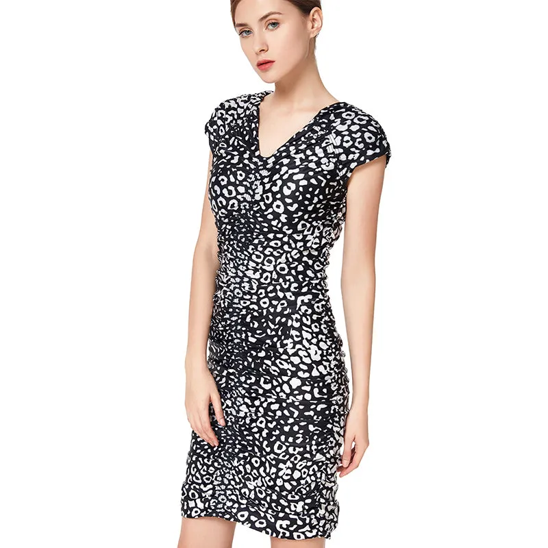 D019 Women animal print V neck cap sleeves fitted mini day dress