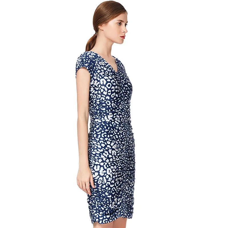 D019 Women animal print V neck cap sleeves fitted mini day dress