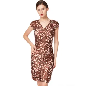 D019 Women animal print V neck cap sleeves fitted mini day dress