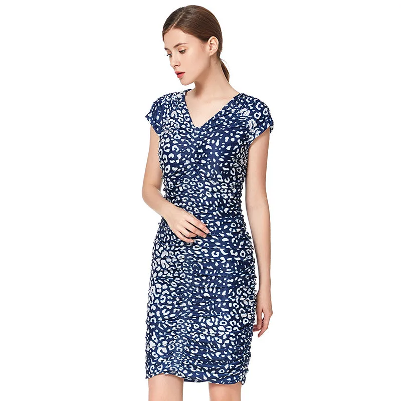 D019 Women animal print V neck cap sleeves fitted mini day dress