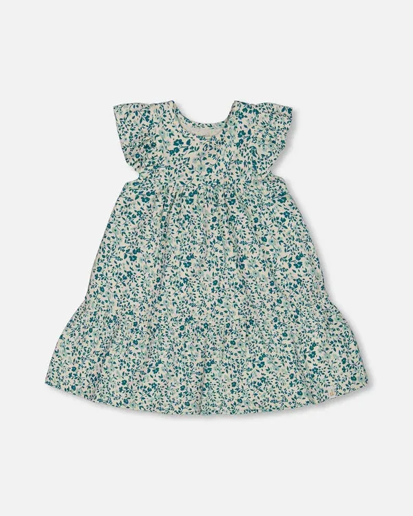 DPD Printed Organic Cotton Dress Small Turquoise Flowers