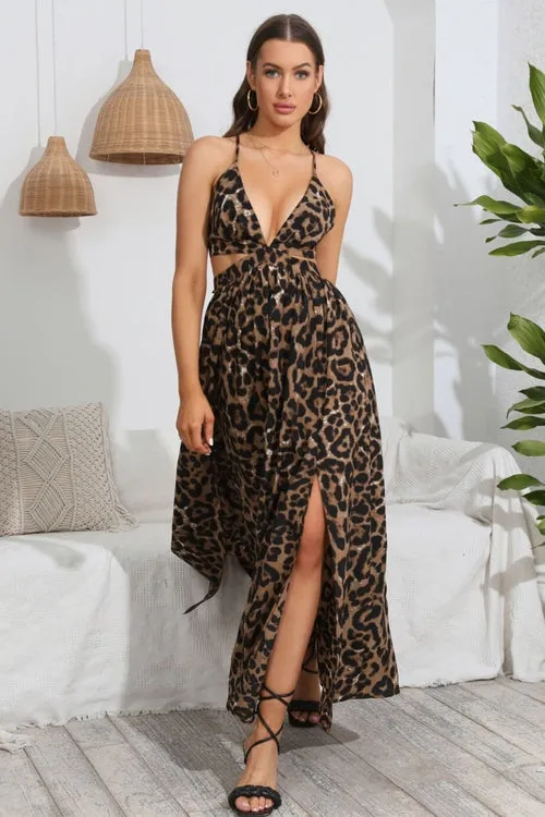 Elegant Leopard Print Maxi Dress with Deep V Neck and Tie Back
