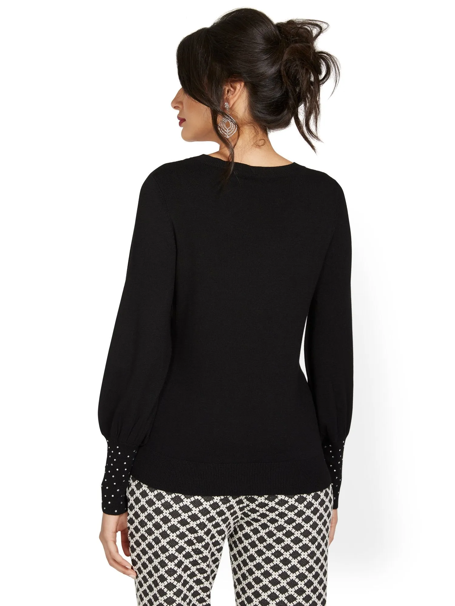Embroidered Balloon-Sleeve Pullover Sweater