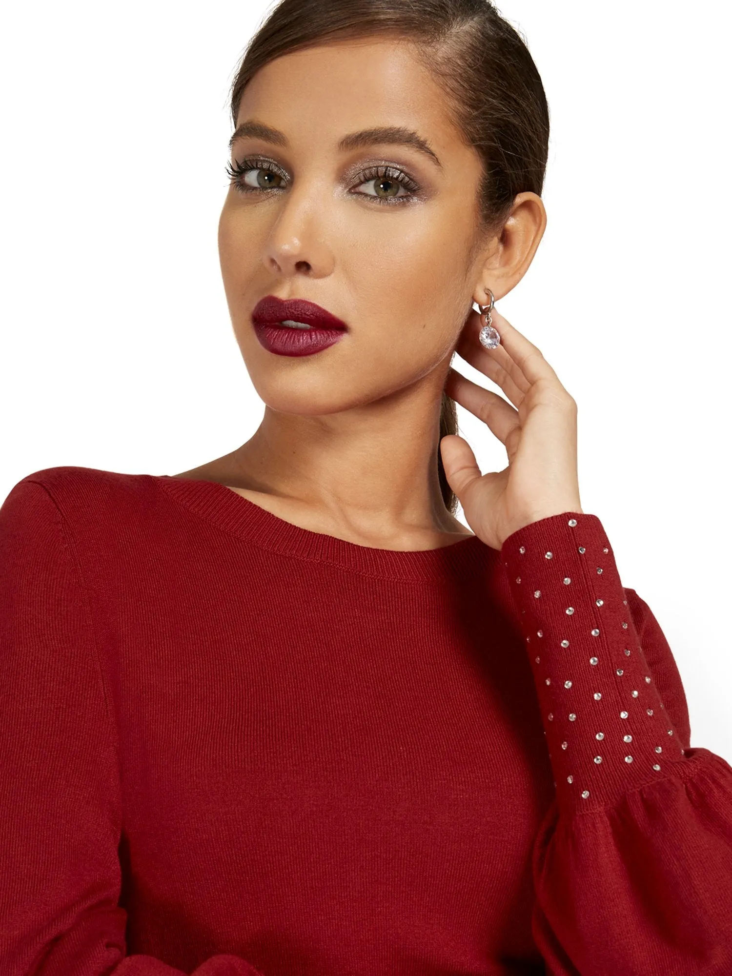 Embroidered Balloon-Sleeve Pullover Sweater