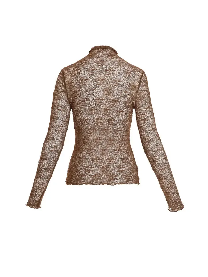 Floral Embroidered Turtleneck Mesh Top