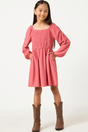 Girls Knit Swiss Dot Smocked Long Sleeve Dress