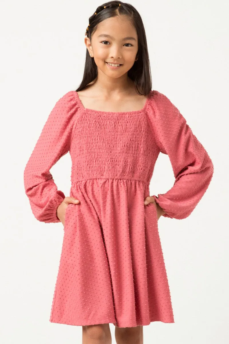Girls Knit Swiss Dot Smocked Long Sleeve Dress