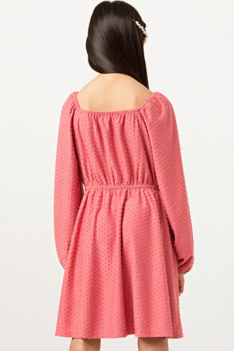 Girls Knit Swiss Dot Smocked Long Sleeve Dress