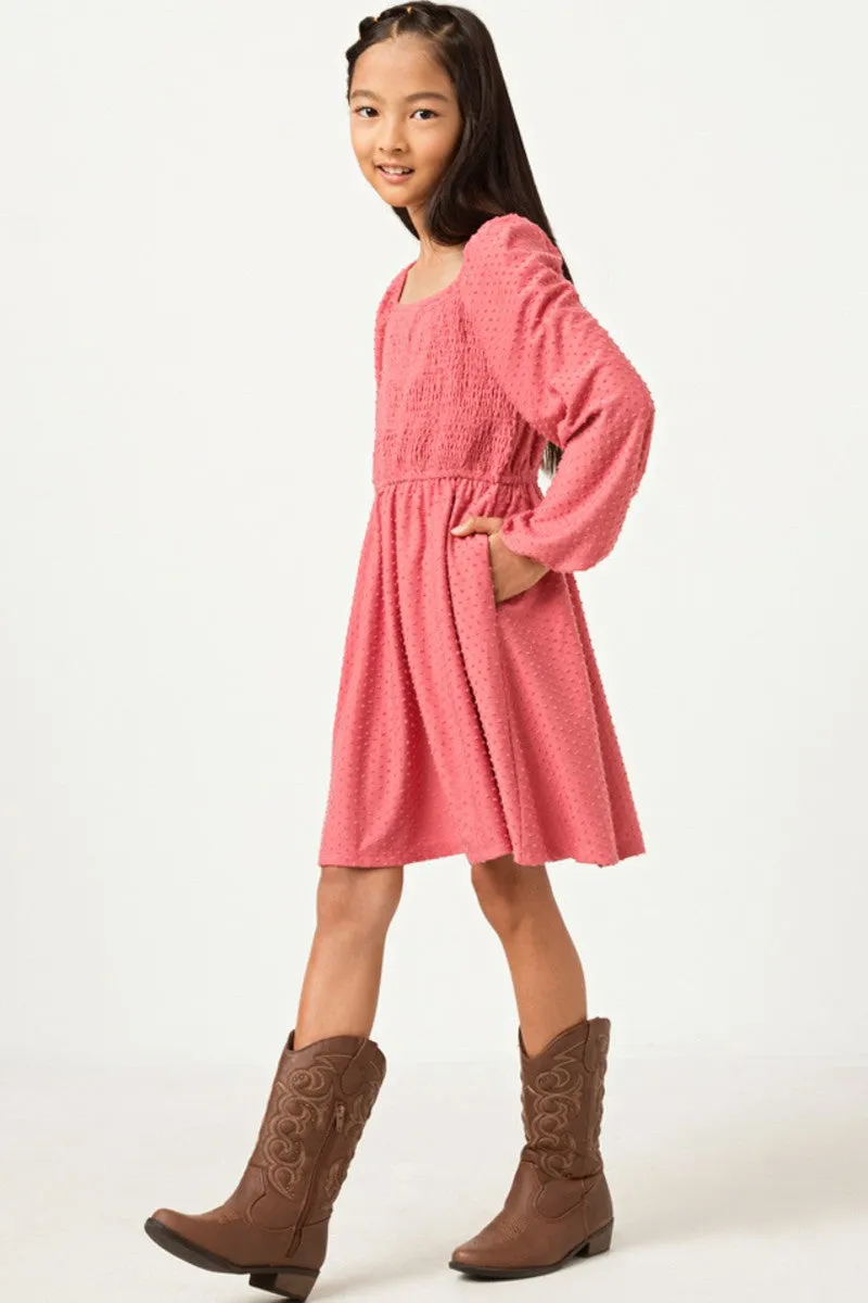 Girls Knit Swiss Dot Smocked Long Sleeve Dress