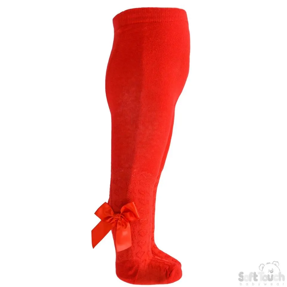Girls Red Hearts Jacquard Tights W/Long Bow - 2-5 Years - T51-R
