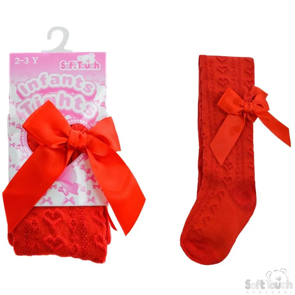 Girls Red Hearts Jacquard Tights W/Long Bow - 2-5 Years - T51-R