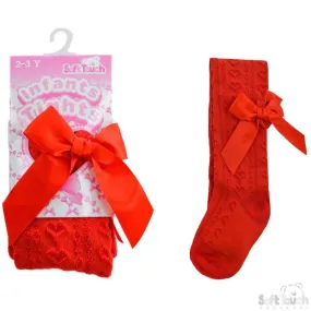 Girls Red Hearts Jacquard Tights W/Long Bow - 2-5 Years - T51-R