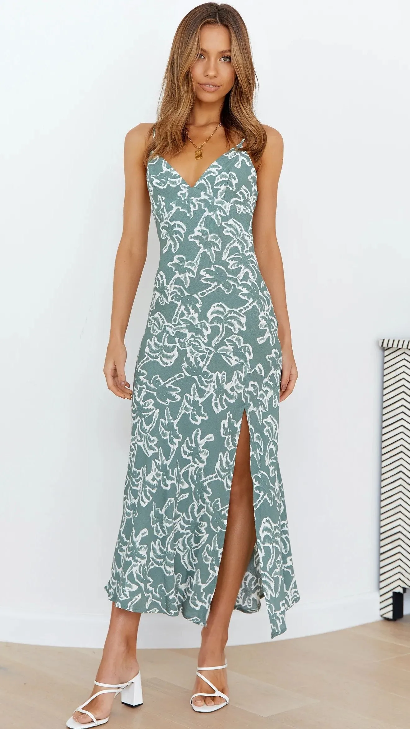 Green Floral Silhouette Slip Midi Dress