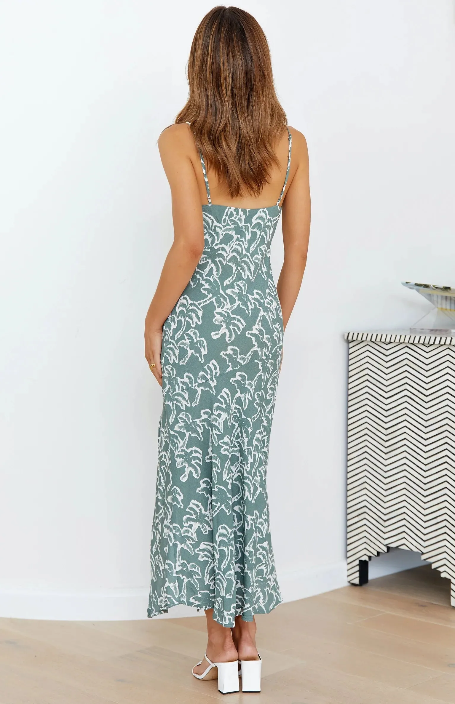 Green Floral Silhouette Slip Midi Dress