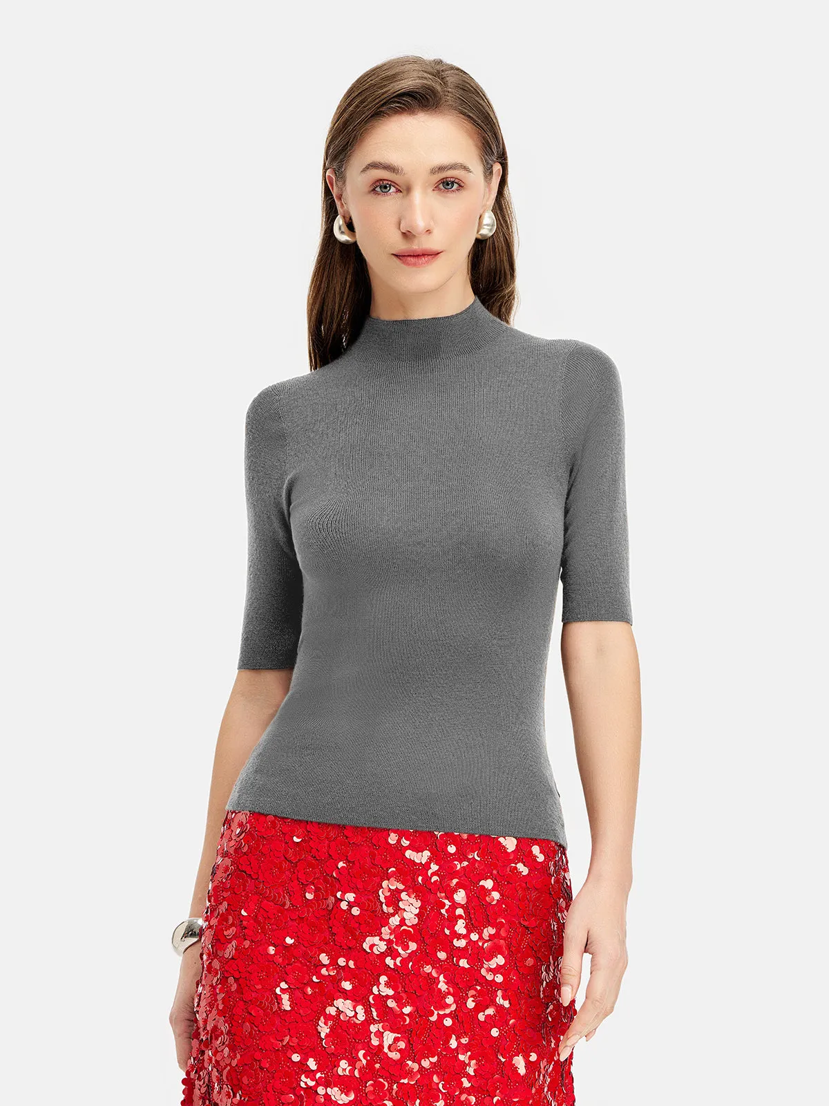 Half-Sleeve Turtleneck Wool Top