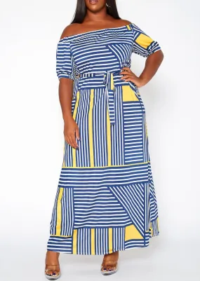 HI Curvy Plus Size Women Striped Print Off Shoulder Maxi Dress