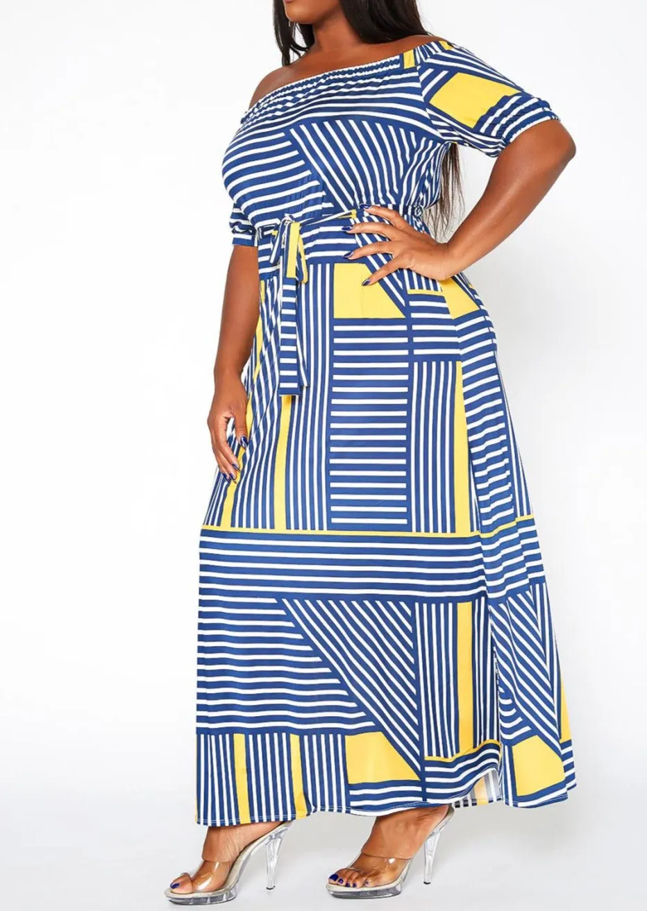 HI Curvy Plus Size Women Striped Print Off Shoulder Maxi Dress