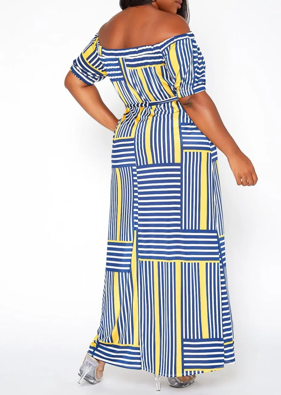 HI Curvy Plus Size Women Striped Print Off Shoulder Maxi Dress